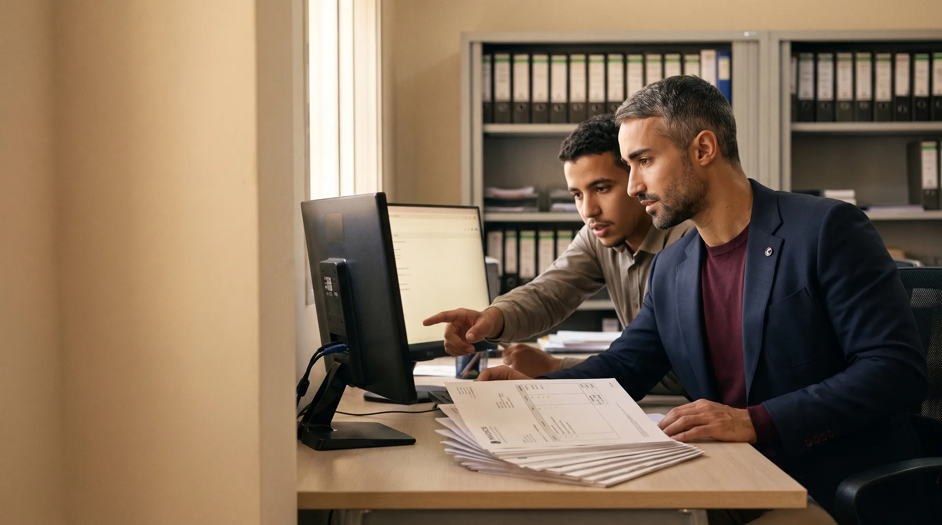 Tariq et un déclarant devant un écran, une longue facture étalée sur le bureau.